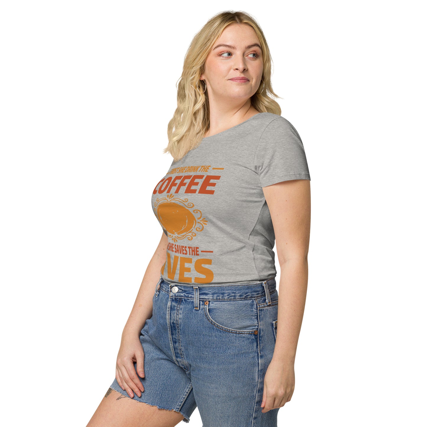 Дамска базова органична тениска FIRST SHE DRINK THE COFFEE