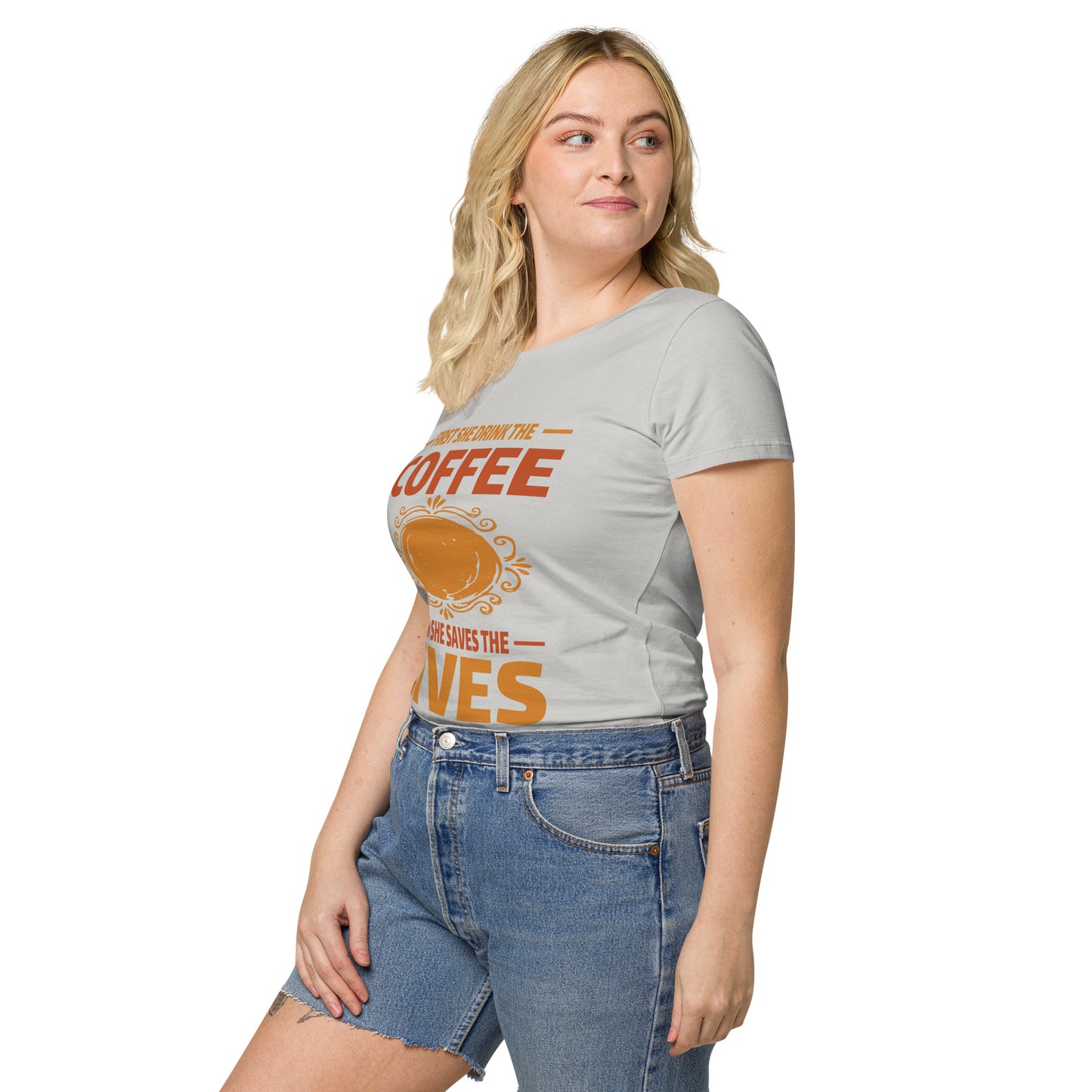 Дамска базова органична тениска FIRST SHE DRINK THE COFFEE