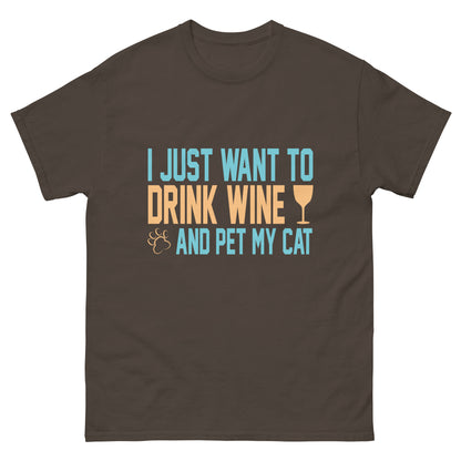Класическа мъжка тениска DRINK WINE AND PET MY CAT