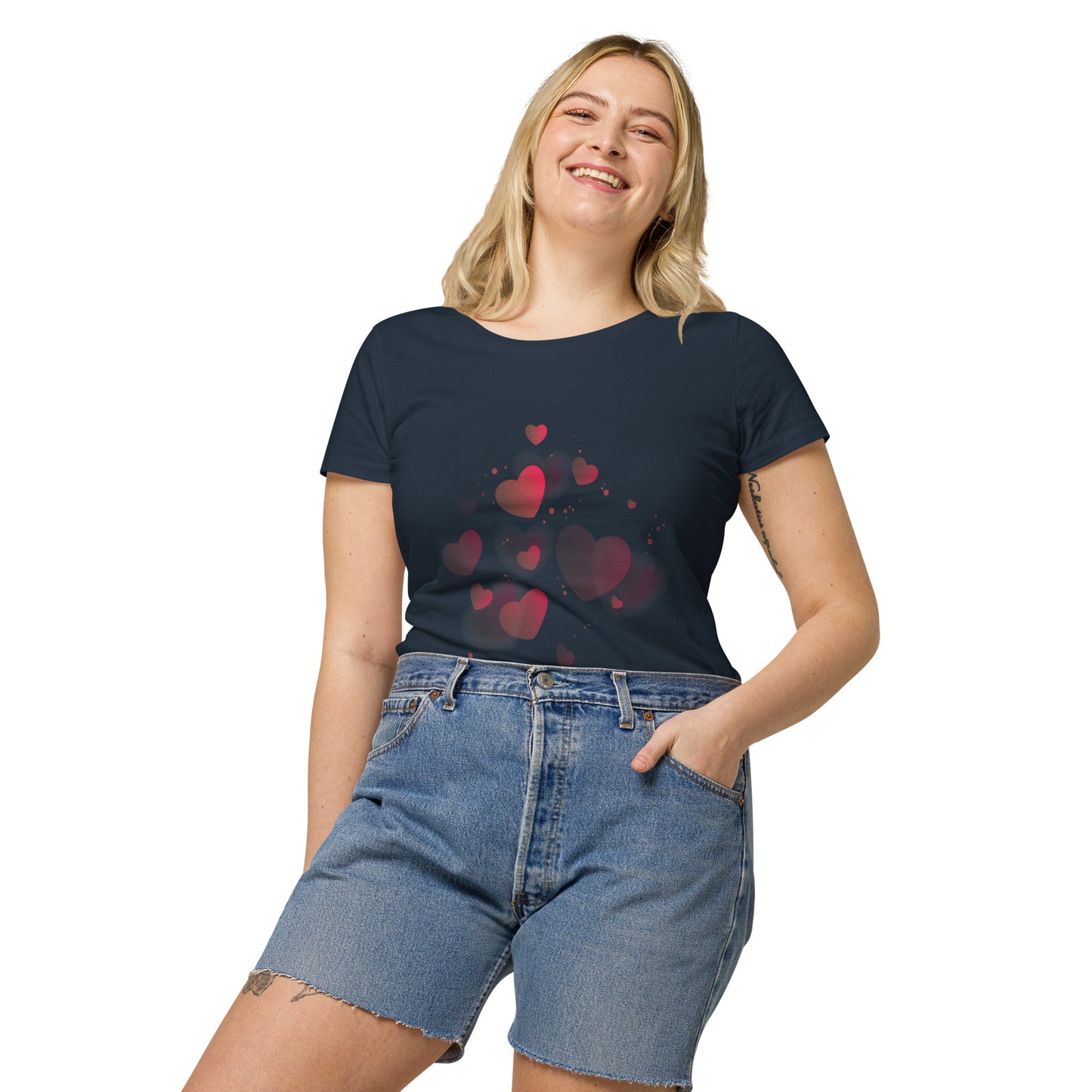 Camiseta orgánica básica de mujer CORAZONES ROSAS