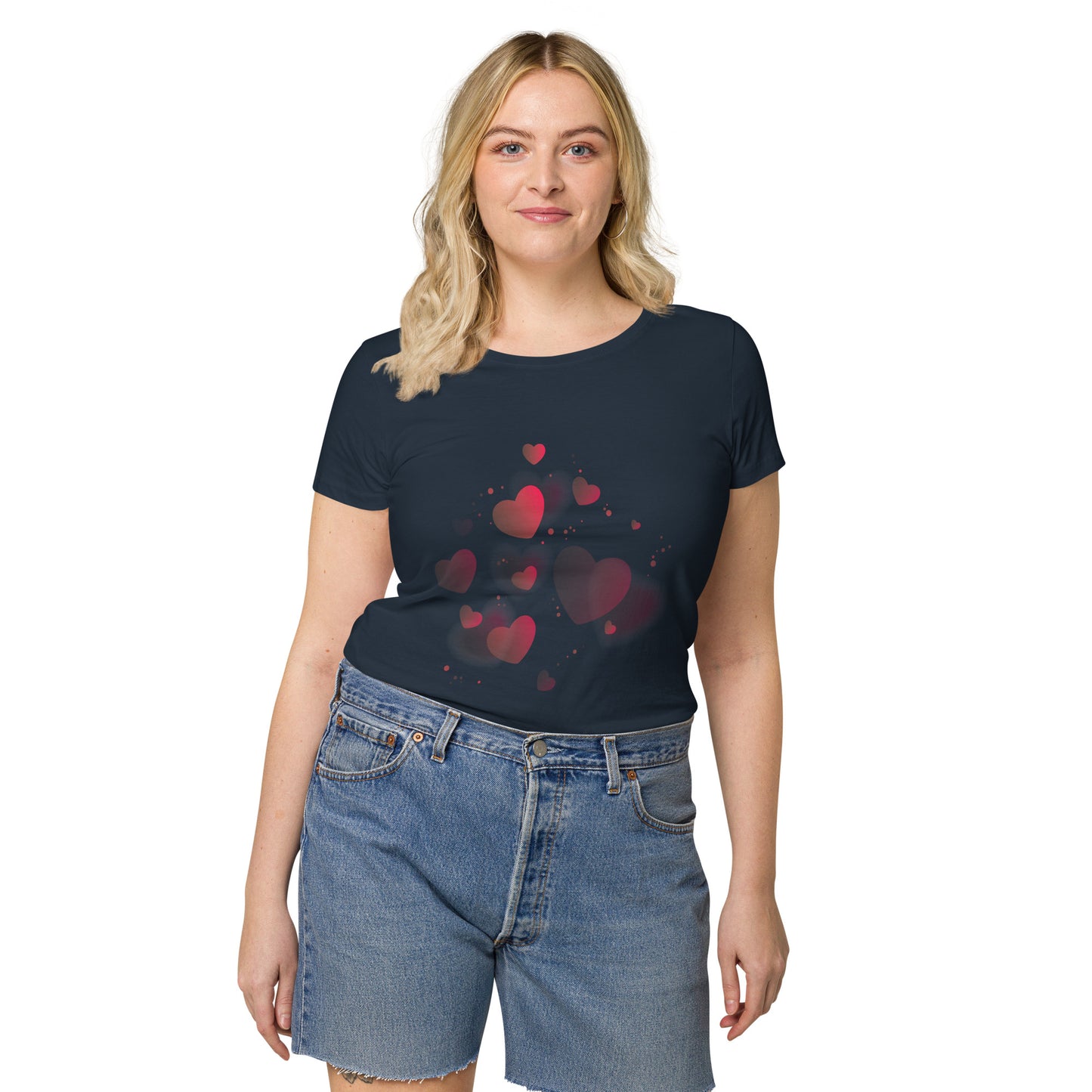 Camiseta orgánica básica de mujer CORAZONES ROSAS