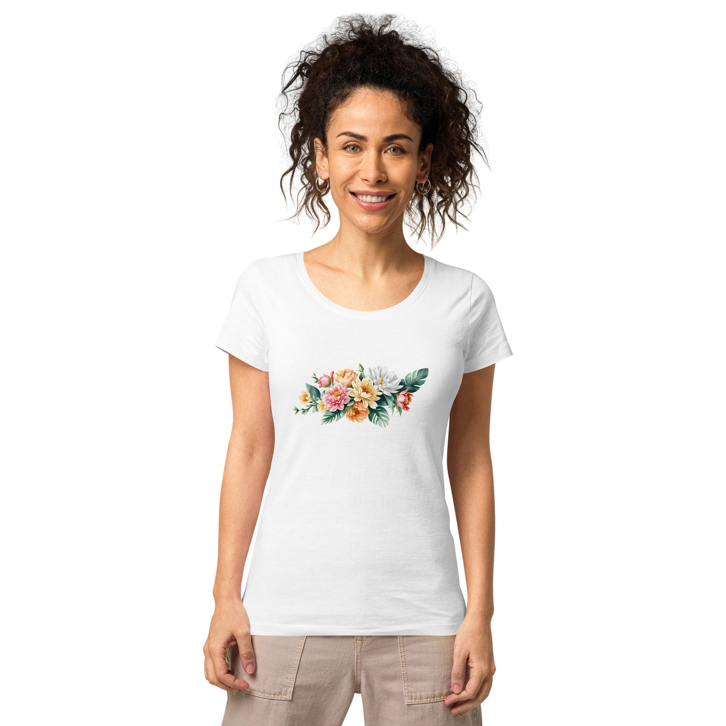 Camiseta orgánica básica de mujer FLORES DE COLORES