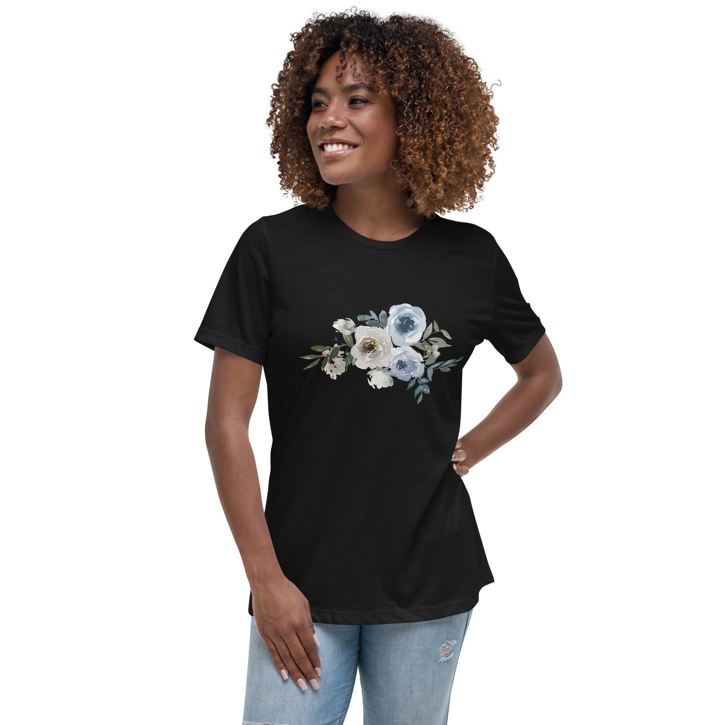 Women's Relaxed T-Shirt WHITE AND BLUE FLOWERS