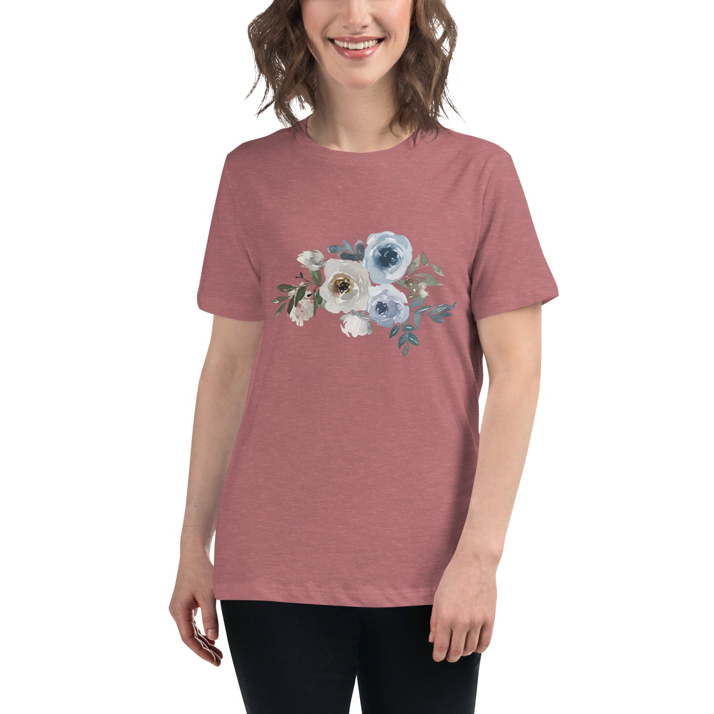 Women's Relaxed T-Shirt WHITE AND BLUE FLOWERS