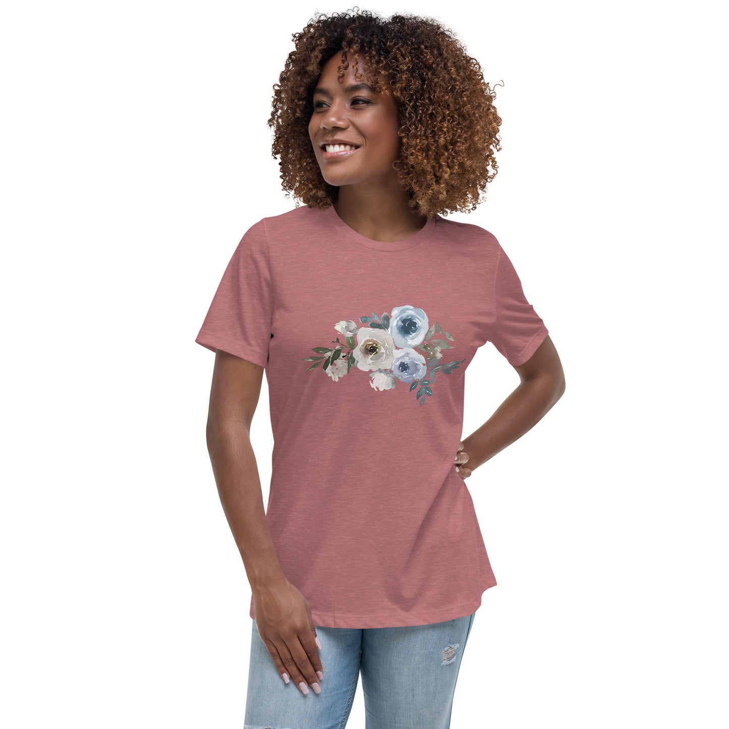 Women's Relaxed T-Shirt WHITE AND BLUE FLOWERS