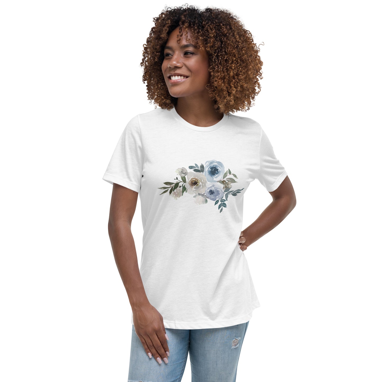 Women's Relaxed T-Shirt WHITE AND BLUE FLOWERS